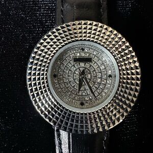 Croton Silver Textured Watch with Sphereulite Crystals and Black Strap